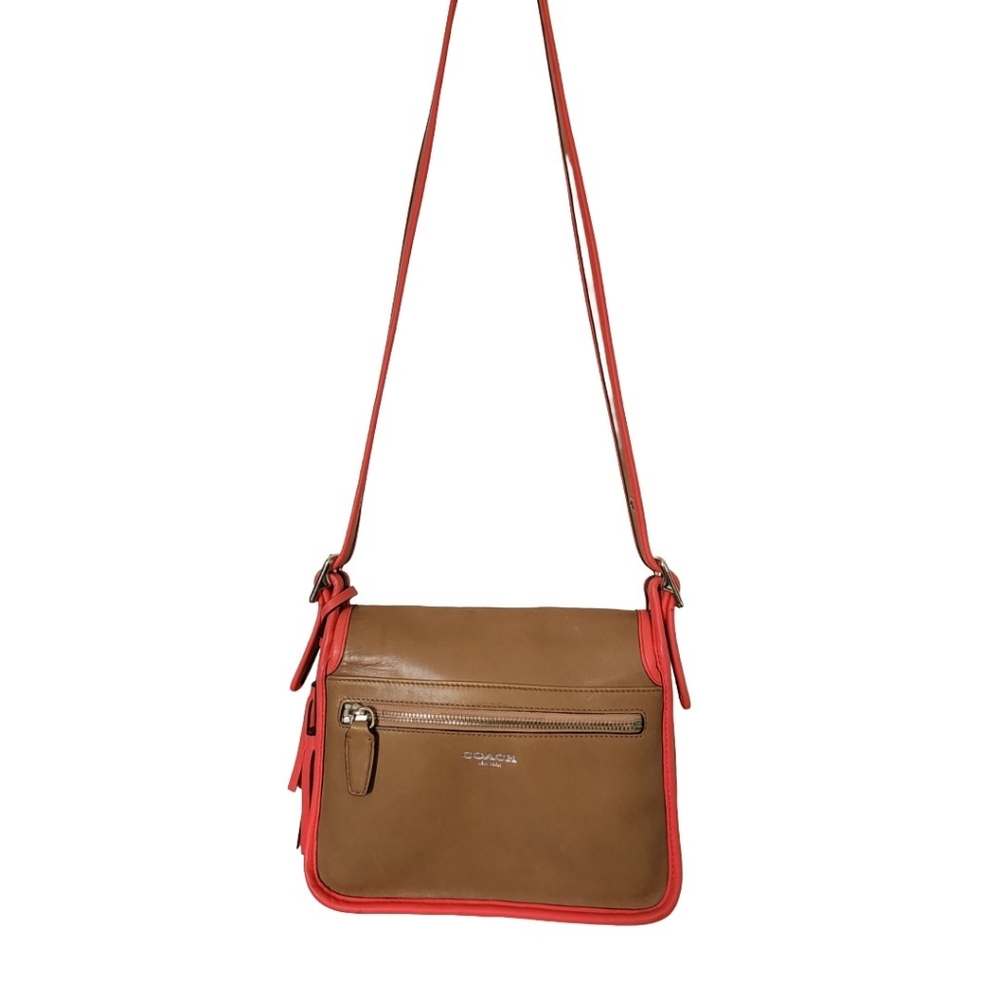 Coach Rambler Tan & Coral Leather Flap Shoulder Bag - Picture 2 of 14